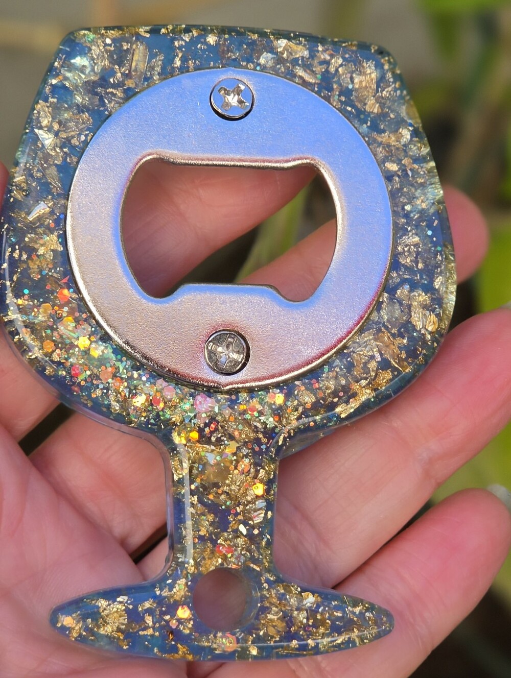 Handmade Resin Bottle Opener – Blue/Gold  Glitter Wine Glass